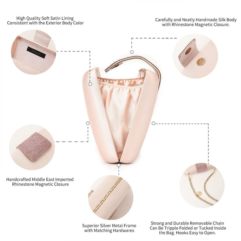 Rhinestone Embellished Peach Blush Clutch Purse for Women, Emulation Silk Evening Handbag