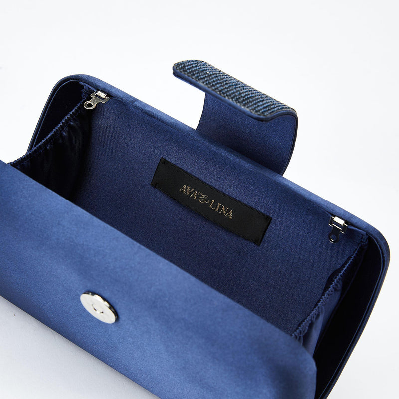 Rhinestone Embellished Navy Clutch Purse for Women, Emulation Silk Evening Handbag