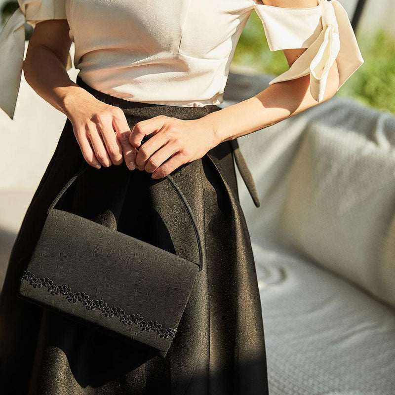 Top Handle Bag Black Slim with Floral Lace Medium